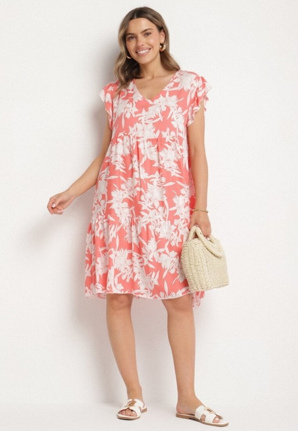 Różowa Bawełniana Sukienka o Rozkloszowanym Kroju w Kwiaty Libella