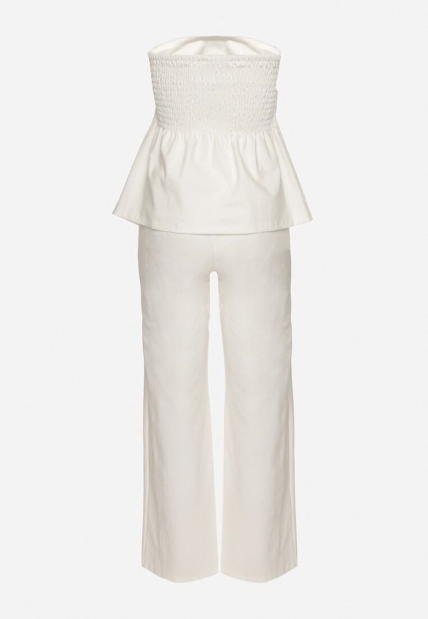 Biały Komplet Top z Baskinką i Ozdobnymi Guzikami i Szerokie Spodnie Palesia