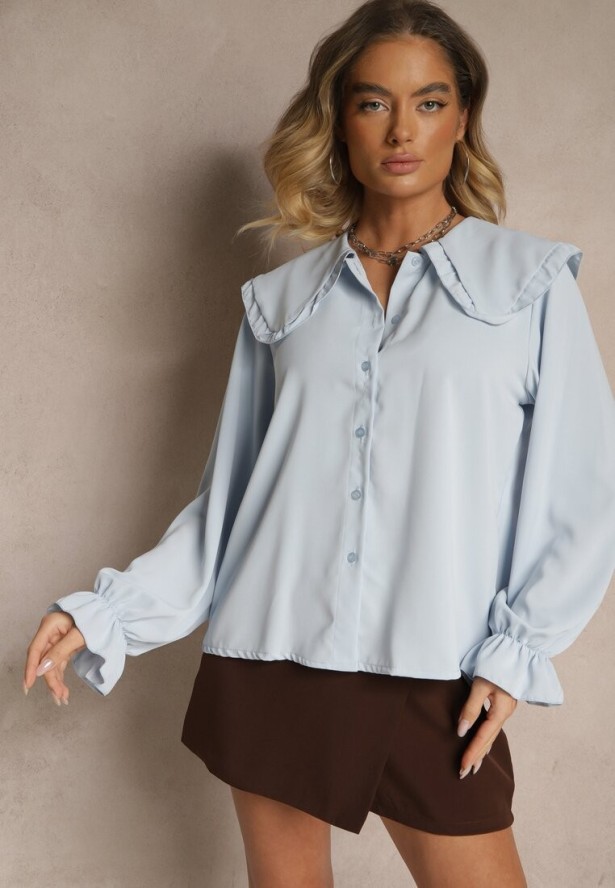 Jasnoniebieska Koszula Ozdobiona Falbankami i Kołnierzykiem Evirana