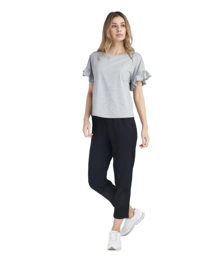 Błyszcząca damska koszulka z krótkim rękawem i falbaną