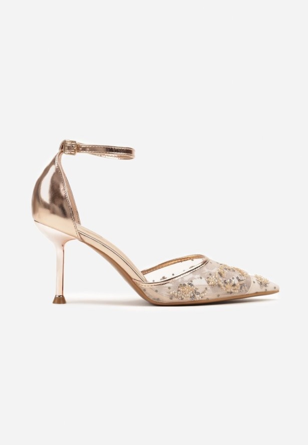 Szampańskie Sandały na Szpilce z Zapięciem na Sprzączkę i Ozdobną Siateczką Oliswena