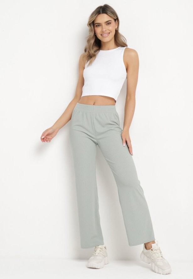 Zielone Prążkowane Spodnie Szerokie z Gumką w Pasie Drasia