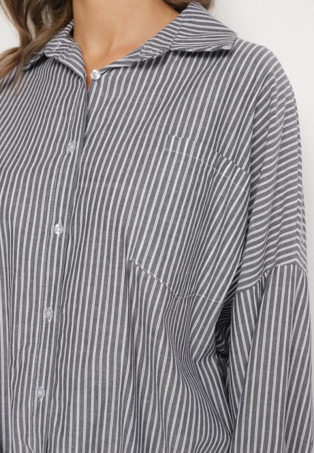 Ciemnoszara Bawełniana Koszula Oversize w Paski ze Ściągaczem Elineola
