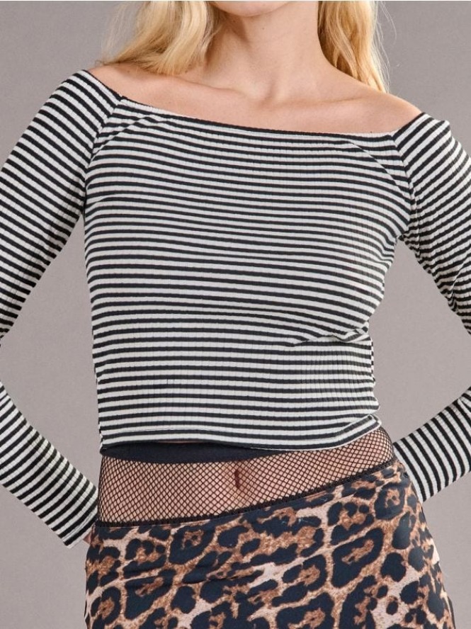 Prążkowana bluzka off shoulder - wielobarwny