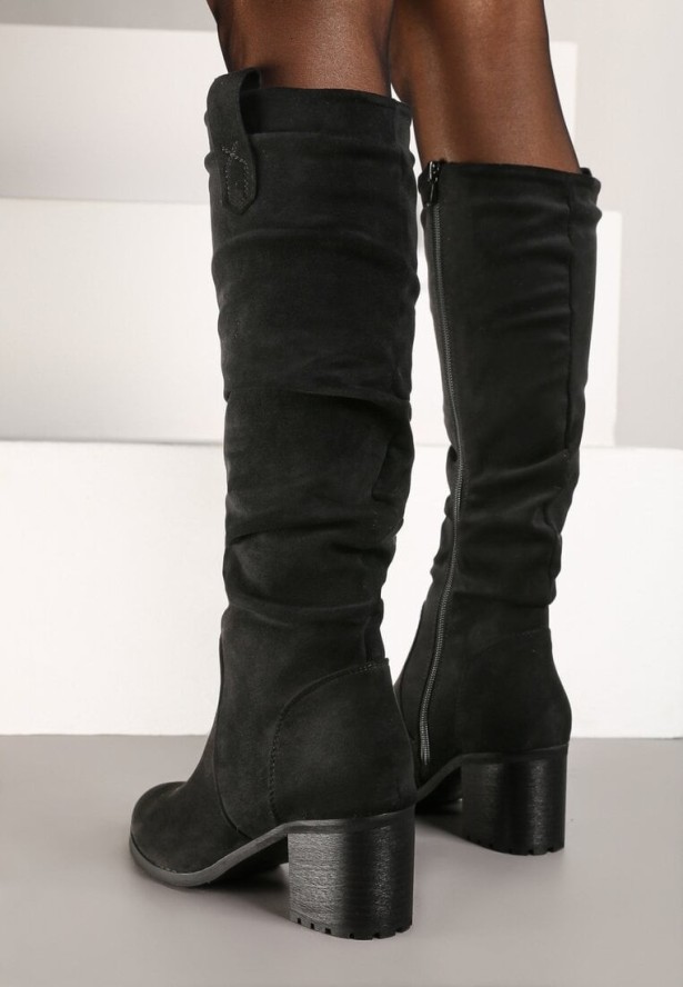 Czarne Kozaki Przed Kolano z Imitacji Zamszu na Słupku Sinojesa