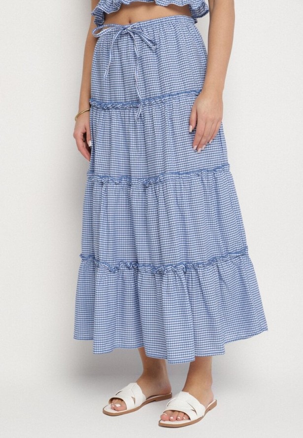 Niebieski Bawełniany Komplet w Kratkę Vichy Spódnica i Top Frolira
