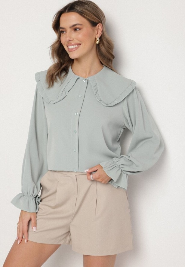 Jasnozielona Koszula z Ozdobnym Kołnierzykiem i Falbankami Emilarae