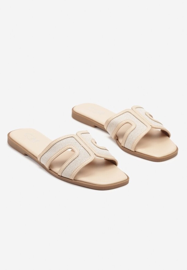 Beżowe Klapki Zdobione Tweedem i Wycięciami Forria