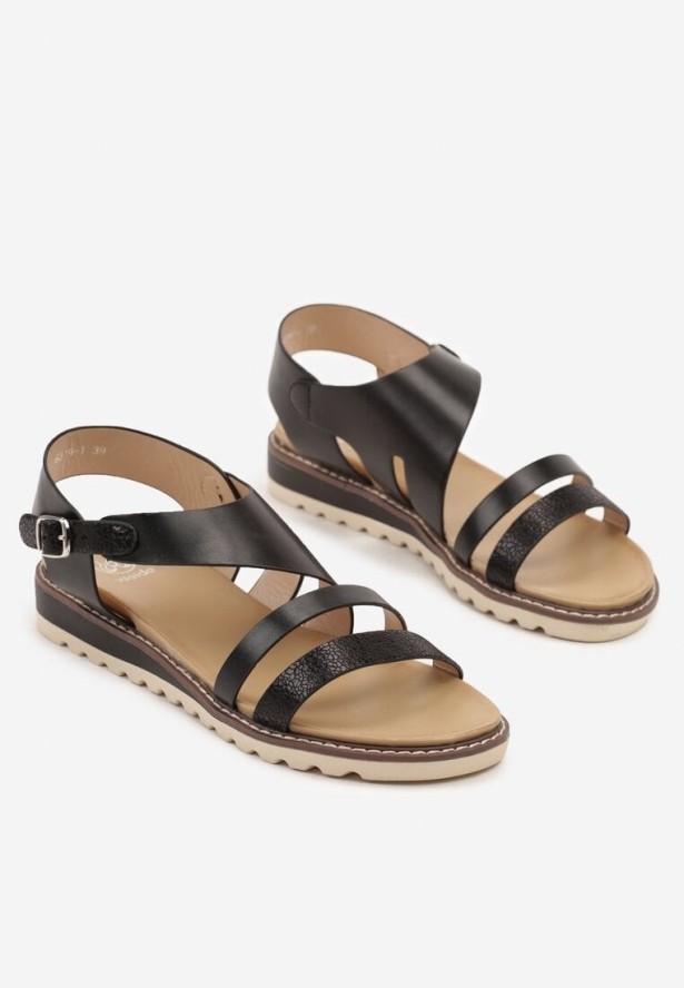 Czarne Sandały z Geometrycznymi Paskami Redaine