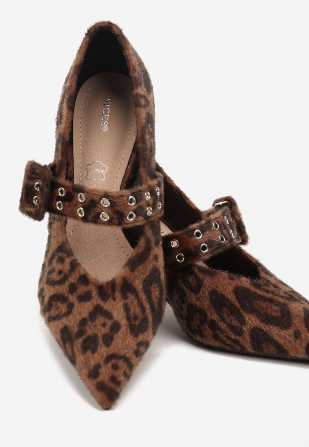 Brązowe Panterkowe Czółenka Vices na Szpilce ze Skórzaną Wkładką Ozdobione Nitami Aribene