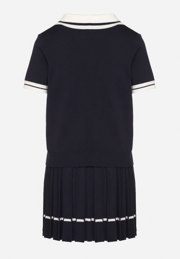 Granatowy Komplet Dzianinowy z Wiskozą Koszulka Polo i Plisowana Spódnica Nelreis