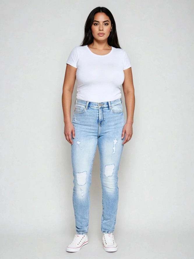 Jeansy damskie z wysokim stanem z przetarciami jasnoniebieskie Adela High Waist 156