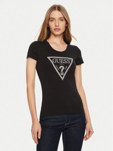 Guess T-Shirt SS CN SHINY TRIANGLE Czarny Shirt Fit