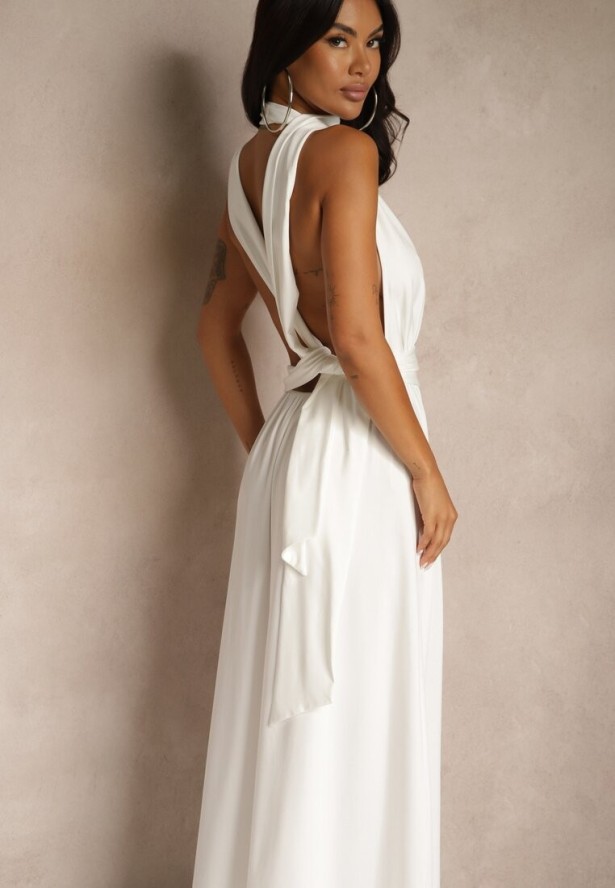 Biała Sukienka Koktajlowa Multiway z Wiskozą Wiązana na Szyi Lilovea