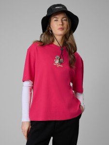 4F T-shirt loose z nadrukiem damski - różowy L