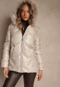 Beżowa Kurtka z Ozdobnym Pikowaniem i Kapturem z Futrem Naliavea