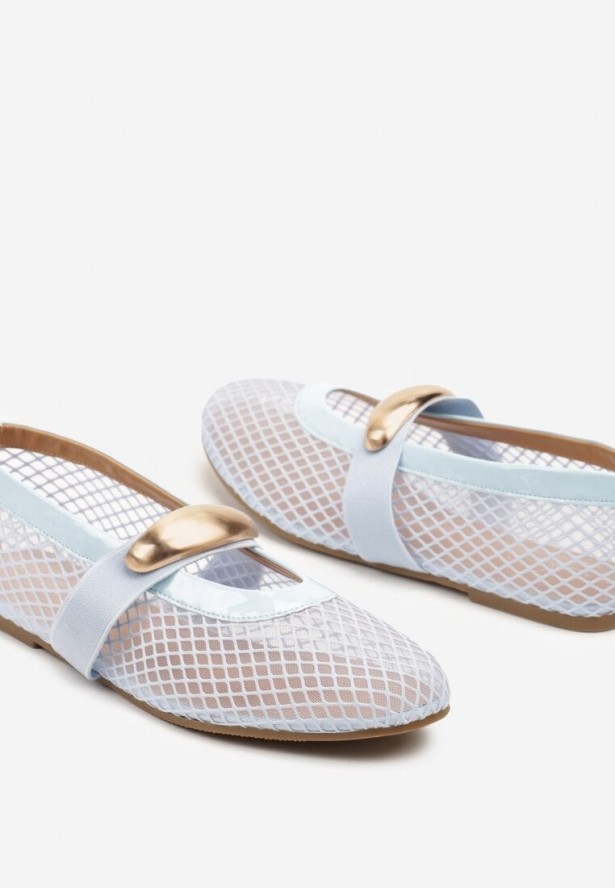 Niebieskie Balerinki z Transparentnej Siateczki z Paskiem i Metaliczną Aplikacją Isorine