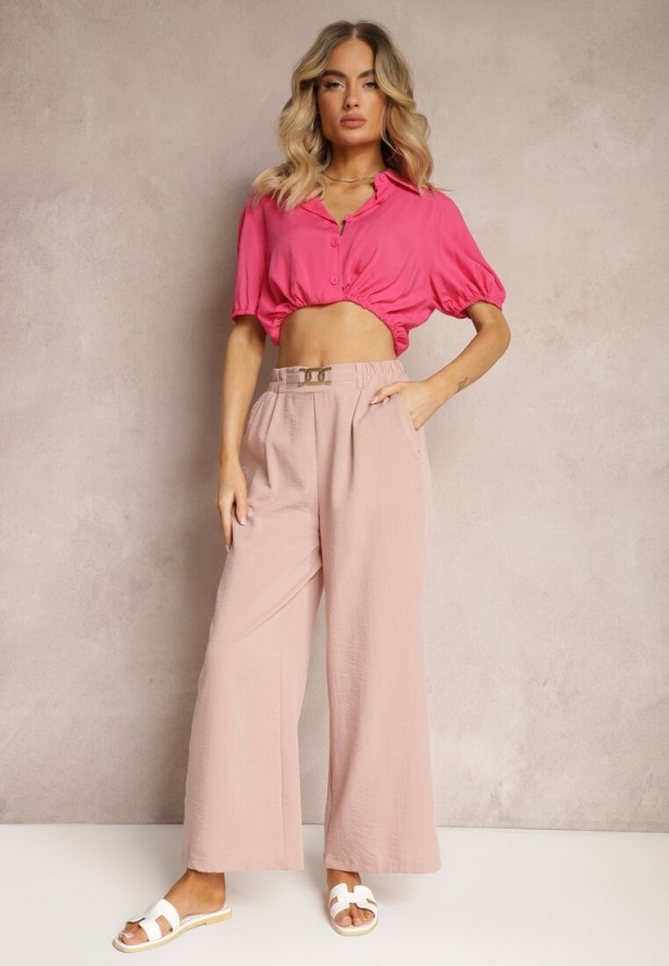 Jasnoróżowe Spodnie z Szerokimi Nogawkami w Stylu Palazzo High Waist z Gumką w Pasie z Ozdobnym Elementem Ellsiana