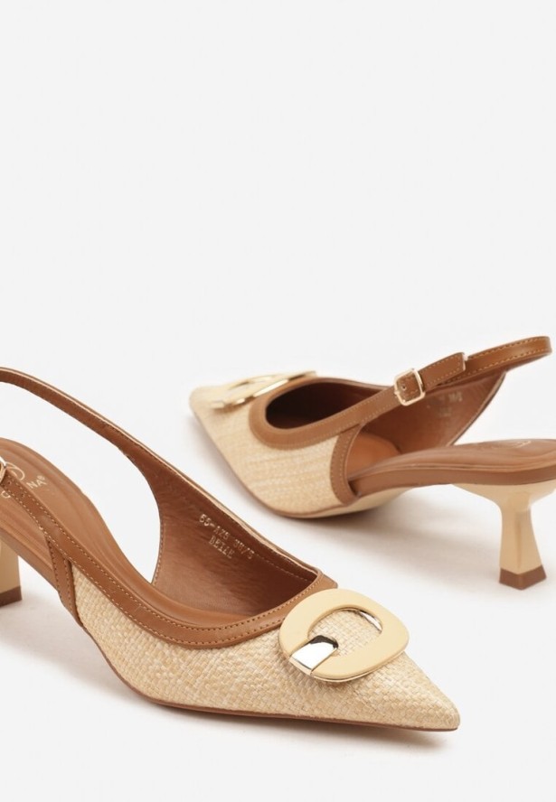 Beżowe Sandały Czółenka bez Pięty na Kaczuszce z Ozdobą na Nosku Rivvania