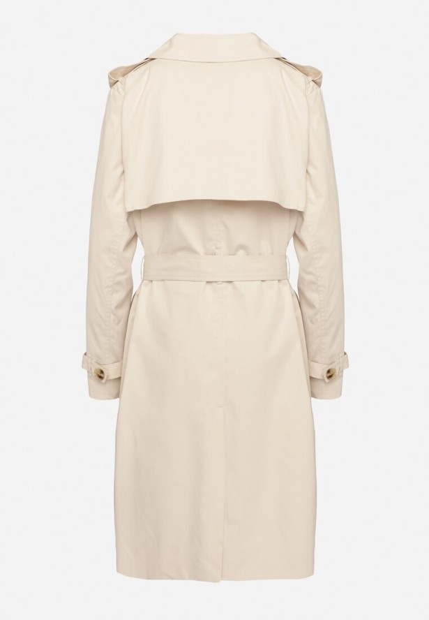 Beżowy Klasyczny Płaszcz Trencz o Dwurzędowym Kroju z Paskiem i Klapą Sareti