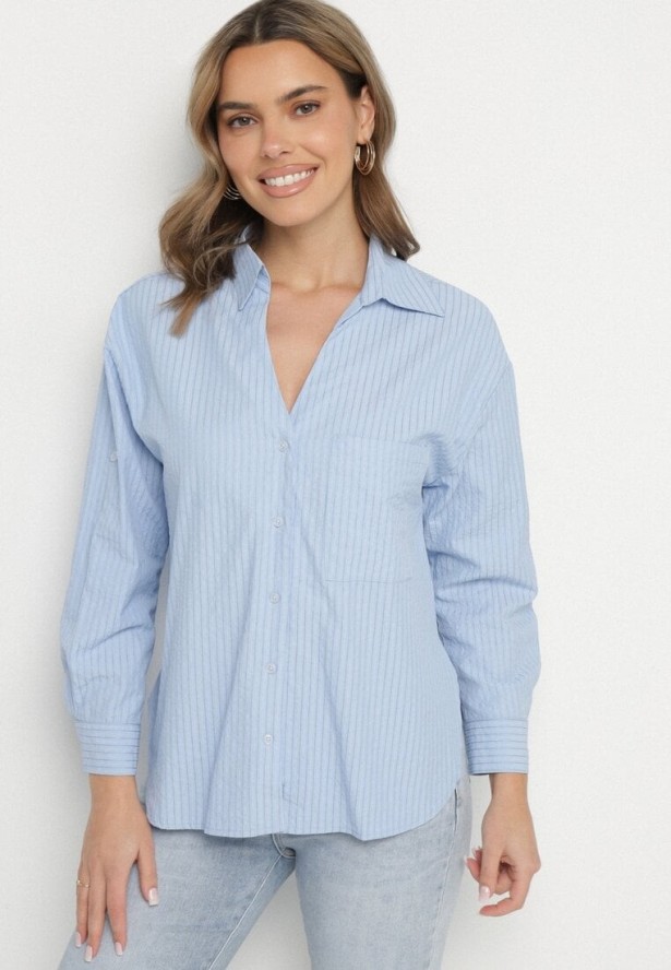 Jasnoniebieska Koszula Bawełniana w Delikatne Prążki Lissse