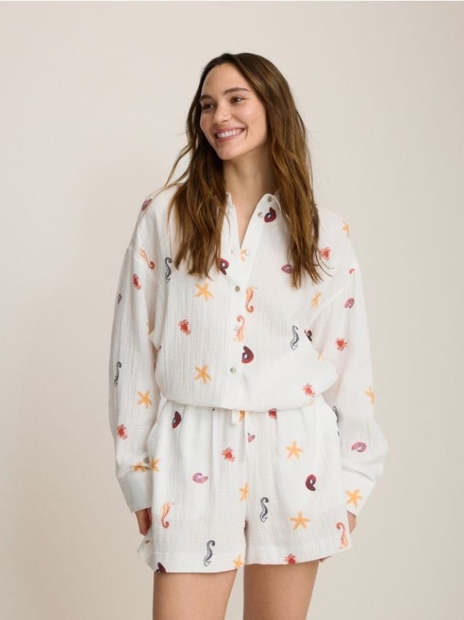 Szorty z bawełnianego muślinu - złamana biel