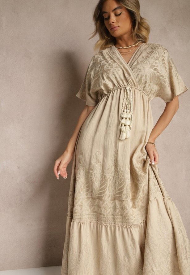 Beżowa Wiskozowa Sukienka Kopertowym Dekoltem i Frędzlami Redevie