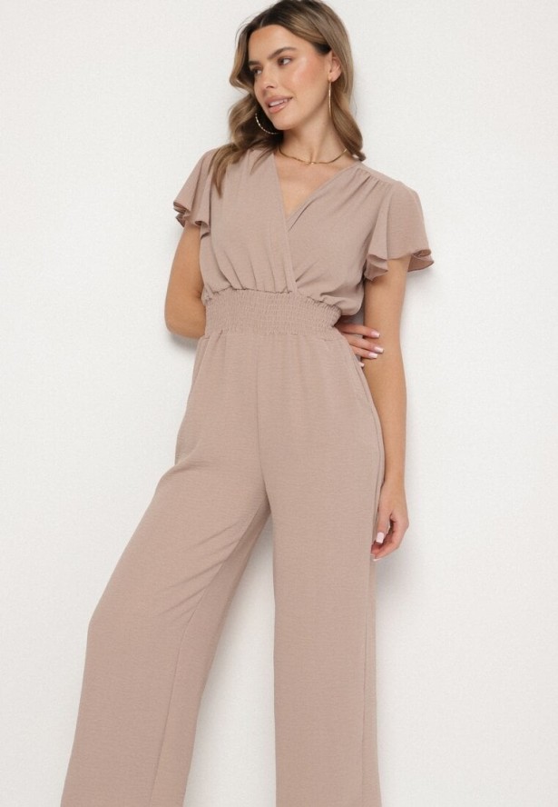 Beżowy Kombinezon z Kopertowym Dekoltem i Szeroką Gumką w Pasie Evimevi
