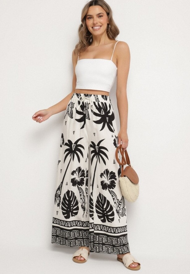 Czarno-Beżowe Spodnie z Tropikalnym Wzorem i Szerokimi Nogawkami Emivelli