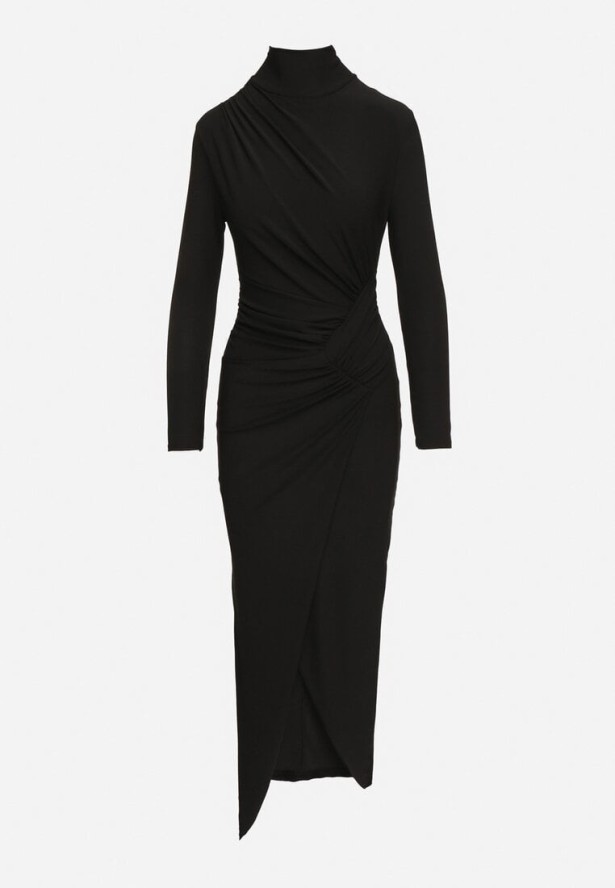 Czarna Wieczorowa Sukienka z Półgolfem i Marszczeniami Emelisse