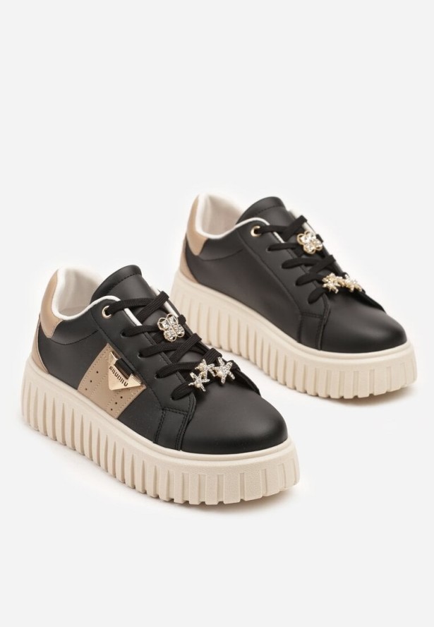 Czarne Sneakersy na Grubej Podeszwie z Metalicznymi Aplikacjami Elealenna