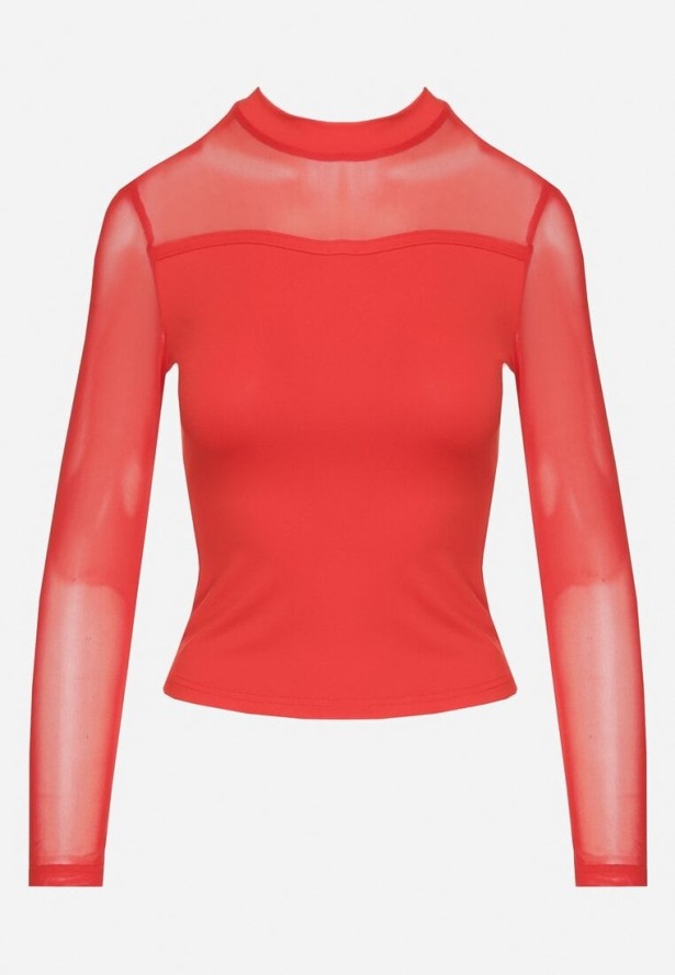 Czerwona Bluzka z Golfem Vices Ozdobiona Transparentnymi Wstawkami Hatalie