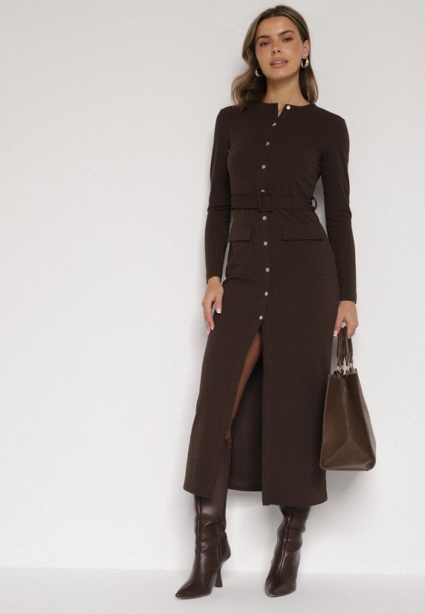 Brązowa Sukienka Koszulowa z Wiskozą Guzikami i Paskiem Vetienne