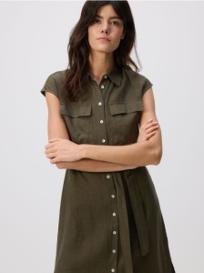 Sukienka szmizjerka z lnu - oliwkowy