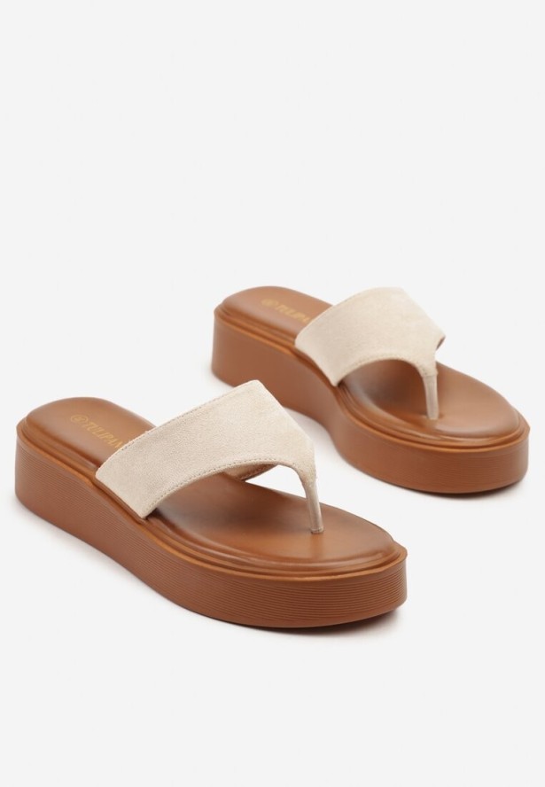 Beżowe Klapki Japonki na Platformie Orrivessa