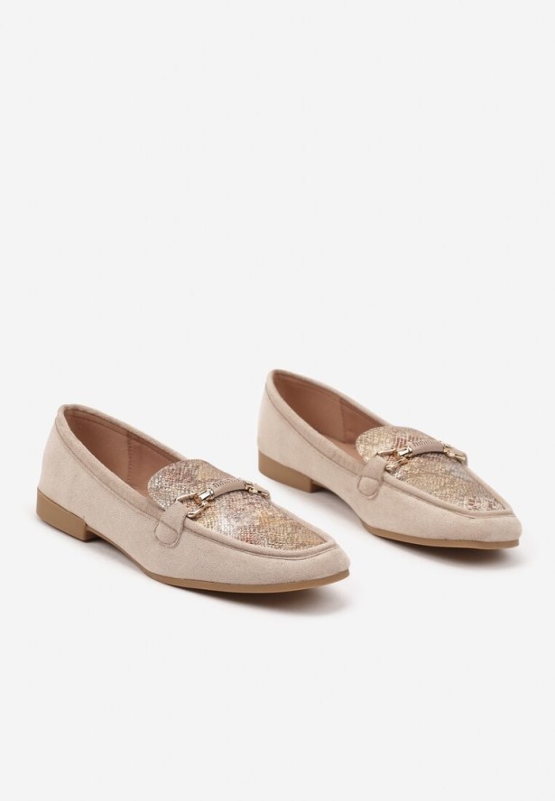 Beżowe Wężowe Mokasyny Loafersy z Klamerką Esseria