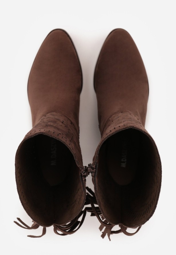 Ciemnobrązowe Ażurowe Botki Typu Kowbojki ze Skórzaną Wkładką Ozdobione Frędzlami Ceziva