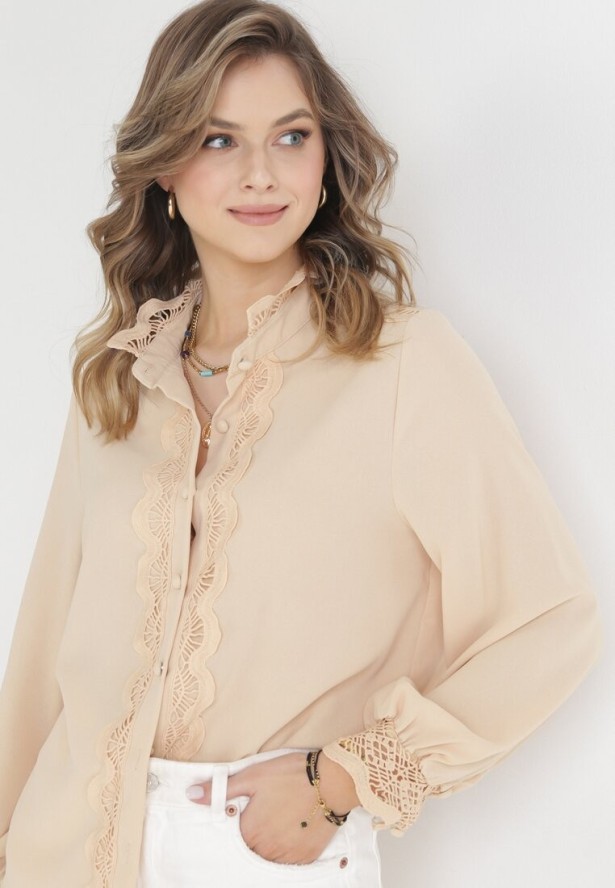 Beżowa Koszula ze Stójką i Koronkowymi Zdobieniami Kalla