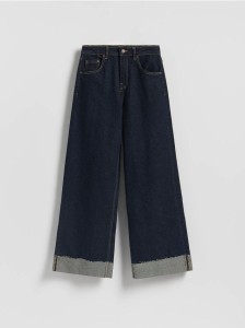 Jeansy wide leg z podwinięciem - granatowy