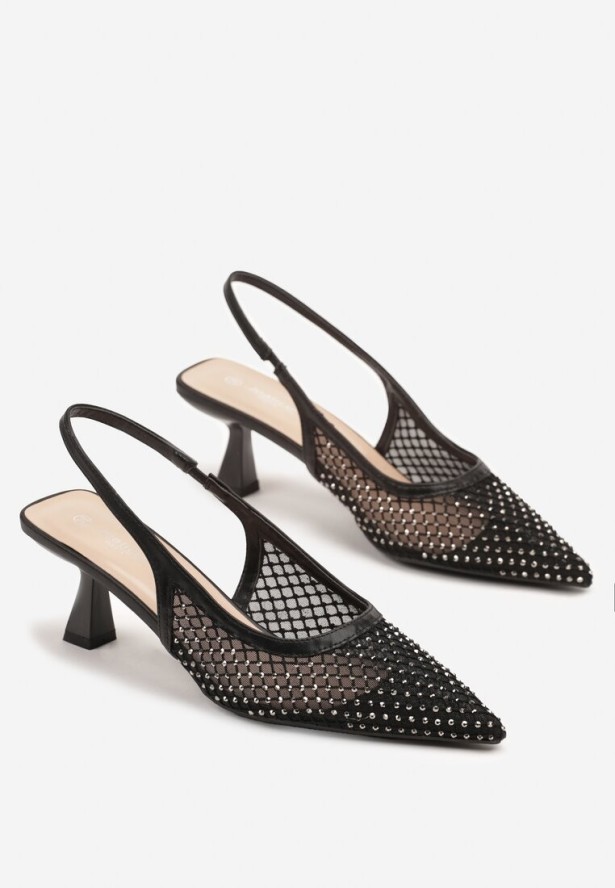 Czarne Sandały na Kaczuszce Slingback z Siateczkową Cholewką i Cyrkoniami Ridirana