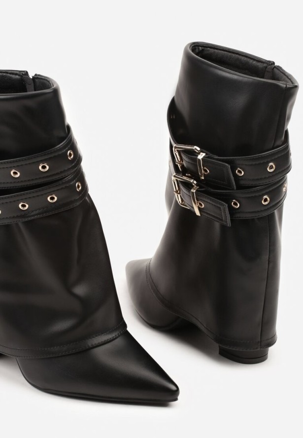 Czarne Botki Kowbojki na Słupku Ozdobione Klamrami i Wywiniętą Cholewką Codvire