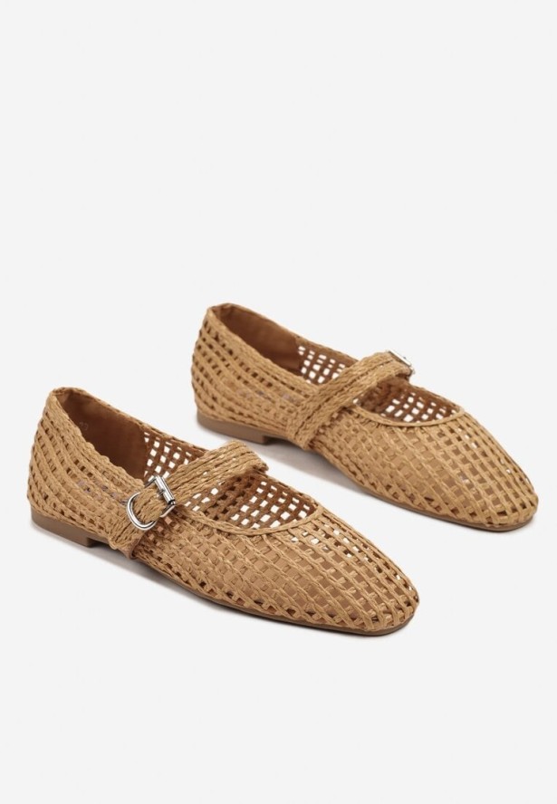 Brązowe Balerinki z Ażurowej Plecionki z Paskiem z Klamerką Delmire