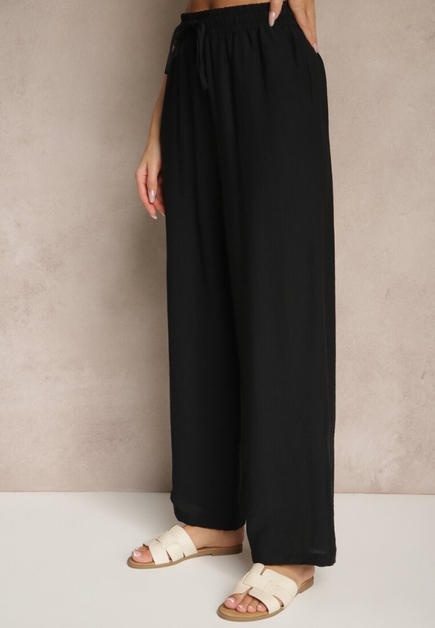 Czarny Wiskozowy Komplet Oversize Zdobiony Haftem Koszula i Spodnie Sadrianae