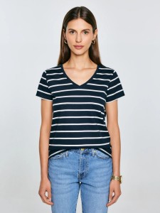 Koszulka damska z dekoltem v-neck w paski granatowa Retina 403