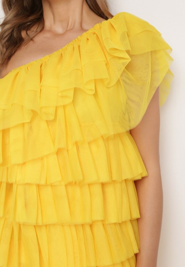 Żółta Sukienka Mini na Jedno Ramię Asymetryczna z Falbankami Nomenta