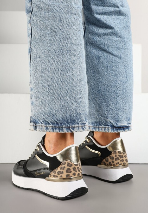 Czarne Sneakersy z Panterką i Napisem Raccaria