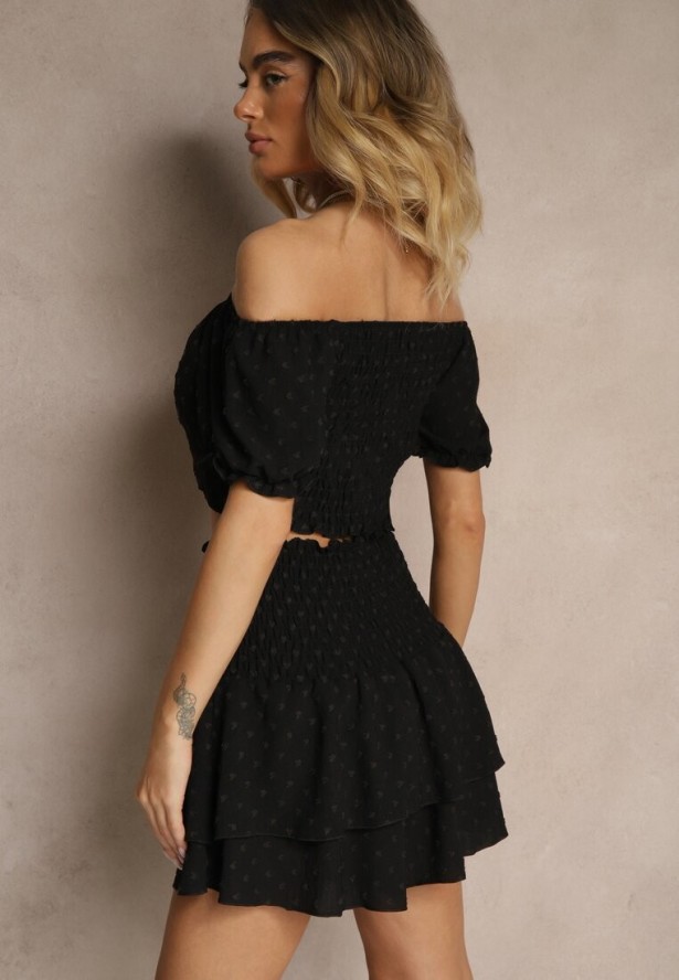 Czarny Komplet z Ozdobnym Tłoczeniem Spódnico-Spodenki i Bluzka Hiszpanka Sarilessa