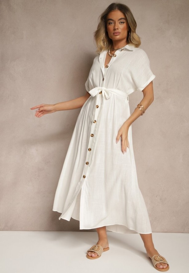 Biała Sukienka Koszulowa z Wiskozą i Lnem Ozdobiona Paskiem Lunie