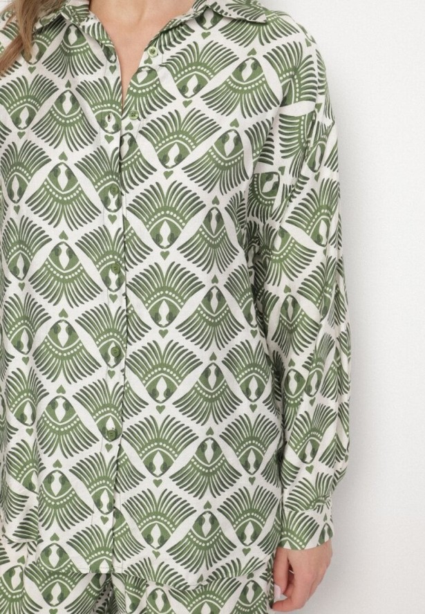 Zielony Wiskozowy Komplet w Etniczny Wzór Koszula i Spodnie Desaviana