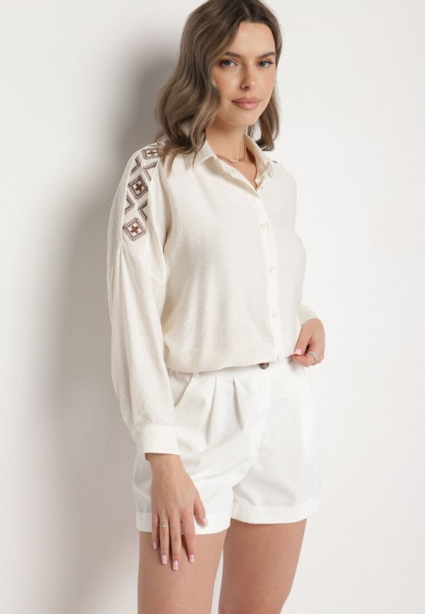 Jasnobeżowa Koszula Ozdobiona Haftem Ulosandria